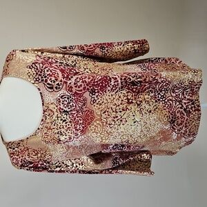 Chicos Zenergy SZ 12/14 Foil print Top Gold Maroon 3/4 Sleeve Evening